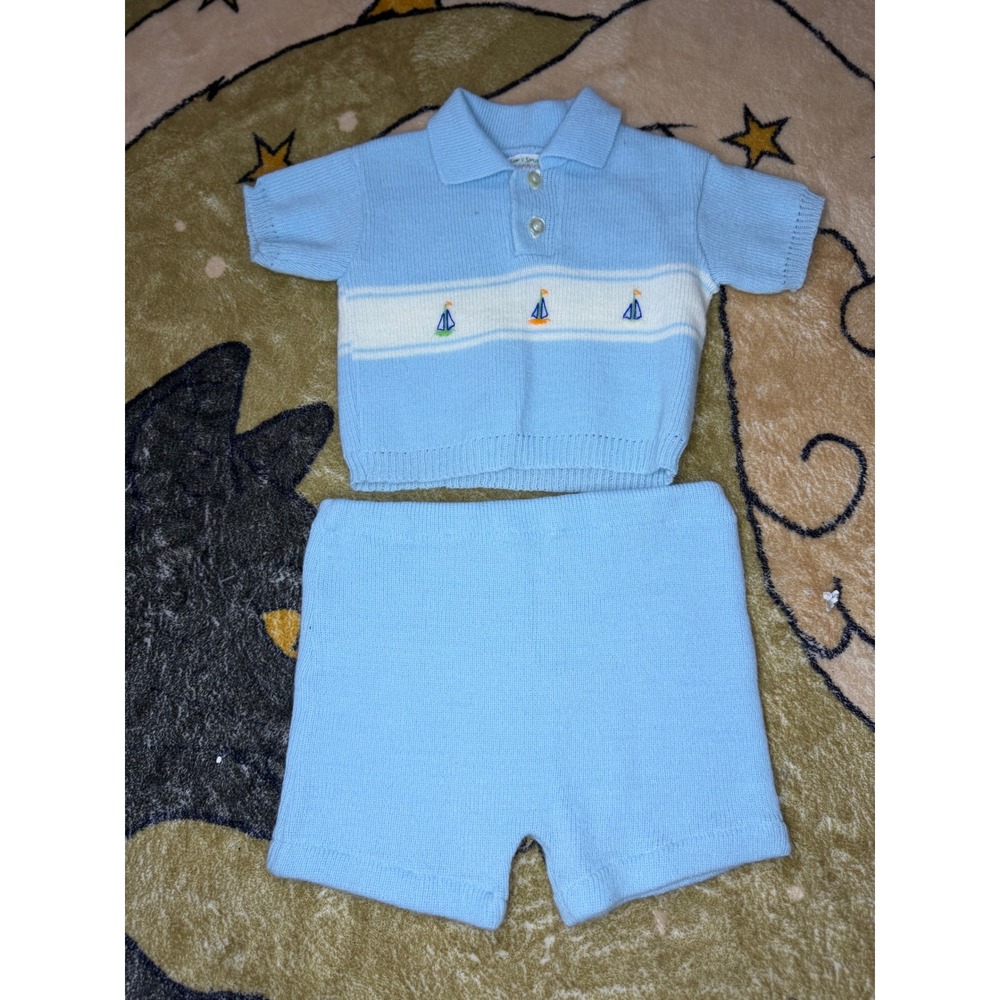 Vintage Soft Spun Baby Boy Knit Sailboat Polo Sweater and Shorts Set Blue 12M